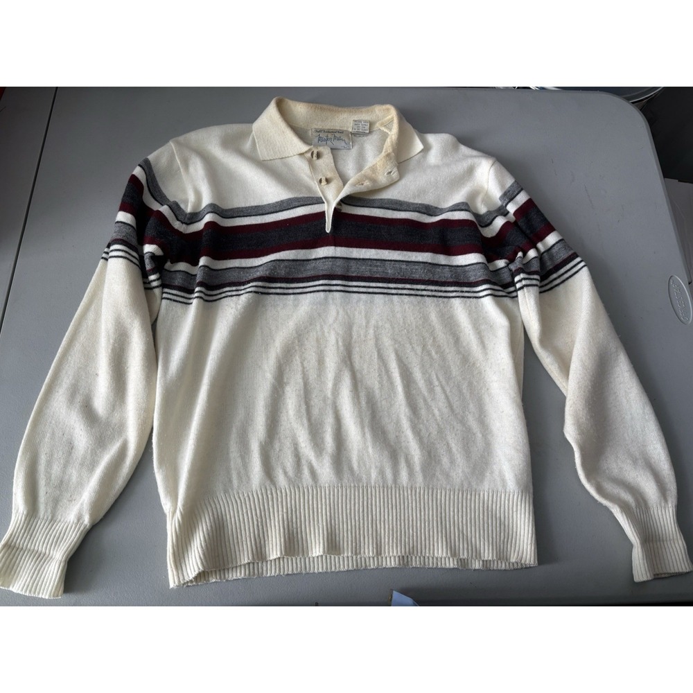 vintageβ 70s Mister Man Off White Acrylic Soft Polo Pullover Sweater Large